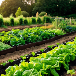 **Prompt:** Lush organic vegetable garden in Skåne, Sweden, showcasing healthy soil enriched with compost and green manure. Focus on vibrant colors, diverse crops interplanted (companion planting), and a clear demonstration of healthy soil structure. Golden hour lighting.