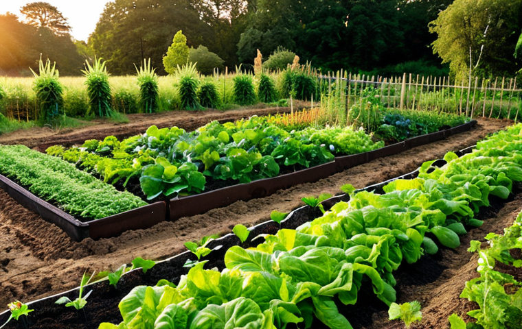 **Prompt:** Lush organic vegetable garden in Skåne, Sweden, showcasing healthy soil enriched with compost and green manure. Focus on vibrant colors, diverse crops interplanted (companion planting), and a clear demonstration of healthy soil structure. Golden hour lighting.