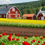 **A vibrant farm scene with diverse crops and blooming flowers, showcasing regenerative agriculture practices in Sweden. Focus on the healthy soil, pollinator-friendly plants, and happy animals. In the background, rolling hills and a traditional red Swedish farmhouse.**